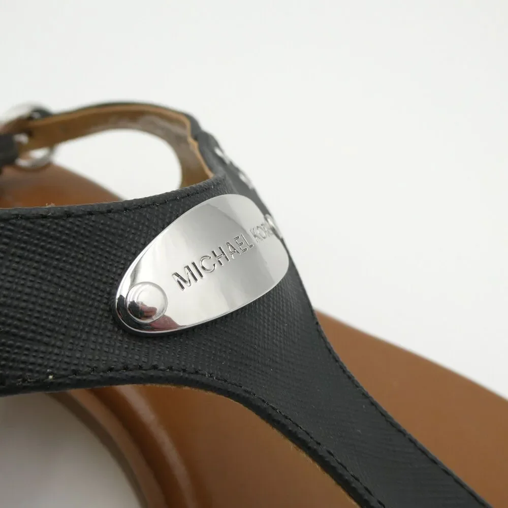 Michael Kors MK Plate Women's 9.5 Thong Black Leather Sandals Plate Logo